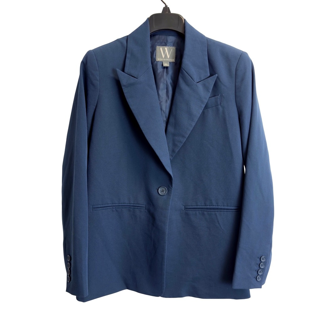 Worthington Navy Blue Single Button Peak Lapel Blazer Jacket Womens XS